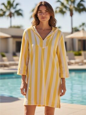 Trovata: Women’s Yellow & White Striped Cover-Up Tunic - Terry Cloth